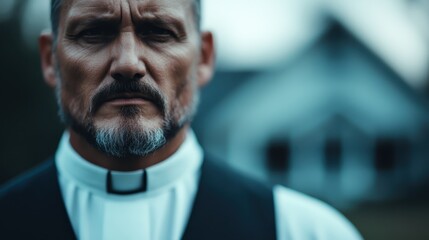 A serious-looking man wearing a clerical collar stands outside a blurred church backdrop, suggesting themes of faith, dedication, and spiritual reflection.