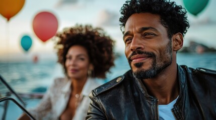 A man and woman smile as they enjoy a relaxing boat ride at sunset, with colorful balloons floating majestically in the background sky over the water.