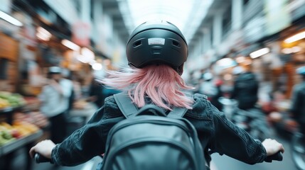 A woman with pink hair rides a bicycle through a crowded indoor market, wearing a helmet and carrying a backpack, capturing a bustling urban atmosphere.