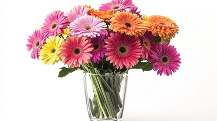 A vibrant bouquet of fresh flowers in a clear glass vase, placed on a white background, ideal for floral arrangements and event promotions