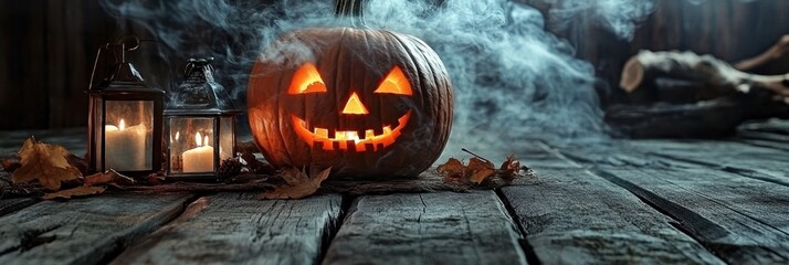 Halloween night, spooky pumpkin lantern, misty forest background, wooden planks, glowing candles, eerie atmosphere, fog, moonlight, jack-o'-lantern, rustic setting, dark ambiance, autumn scene, myster