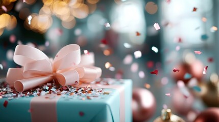 Detailed view of a gift with a blue covering and pink ribbon, adorned with glitter, suggesting a festive or celebratory event, with blurred lights in the background.