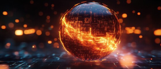 Canvas Print - A glowing, fiery orb surrounded by digital elements and sparks, representing technology and innovation.