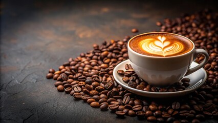 blurred cup of coffee with coffee beans and latte art on dark background