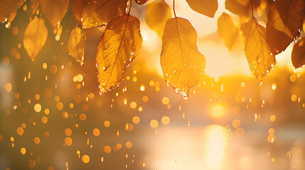 Wall Mural - Golden autumn leaves with water droplets in the foreground, with a warm sunset and soft bokeh lights in the background