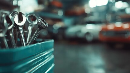 A turquoise toolkit filled with wrenches is prominently featured in the foreground of a blurred automotive garage filled with classic and modern cars.