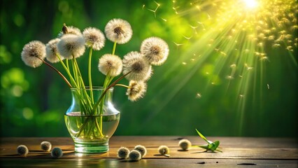 Bouquet of dandelions in glass vase with floating seeds against green background with sunlight shadows