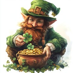 Irish Leprechaun Holding Pot of Gold and Shamrock