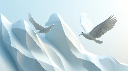 Wall Mural - Two birds flying over a mountain with snow on it, AI