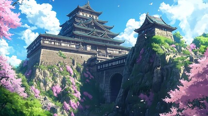 Wall Mural - Ancient Japanese Castle Perched on a Cliffside with Cherry Blossoms.