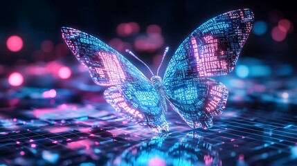 A digital butterfly made of code with glowing pink and blue lights in the background.