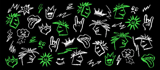 Wall Mural - grunge rock set on blackboard of acid green elements. wax pencil drawing mouth with tongue hanging o