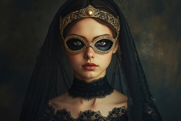 Canvas Print - A woman wearing a black and gold mask and veil