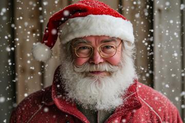 Canvas Print - A man wearing a red jacket and a white beard wearing a Santa hat