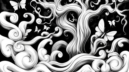 Wall Mural - a black and white drawing of a tree with butterflies, ai