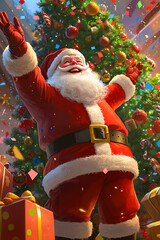 Poster - A man dressed as Santa Claus standing in front of a Christmas tree