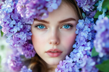 Sticker - A woman with blue eyes surrounded by purple flowers