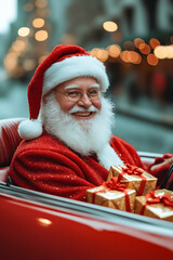 Sticker - A man dressed as Santa Claus driving a red convertible car with presents