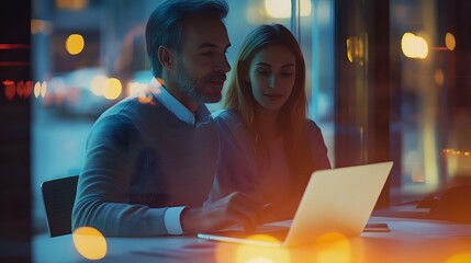 Poster - Man and Woman Working on a Laptop at Night with City Lights in the Background