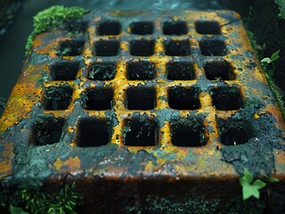 Wall Mural - Rusty Metal Drain Grate Covered in Moss