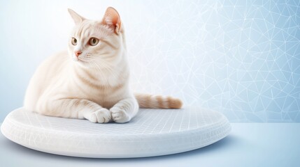 Sticker - A white cat sitting on a cushion with blue and green patterns, AI