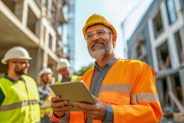 A construction manager smiling while using a tablet on a building site with workers in helmets.