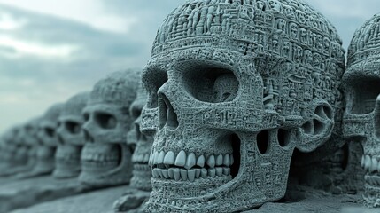 Wall Mural - A row of skulls are lined up in a line, AI