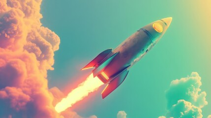 Aufkleber - A sleek rocket takes off, soaring through colorful clouds during sunset