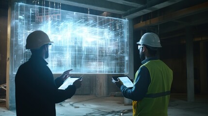 Poster - Two Construction Workers Using Digital Technology to Inspect a Building Blueprint