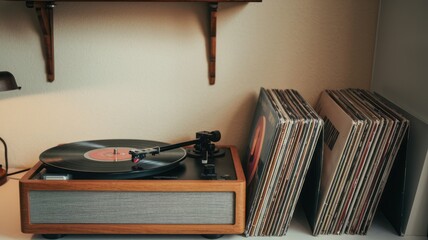 A vintage phonograph with a stack of vinyl records, perfect for a retro music theme. The image evokes a sense of nostalgia and classic music.