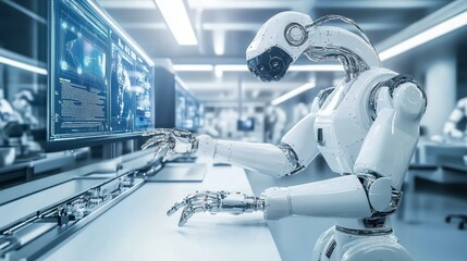 Poster - A humanoid robot interacting with a computer screen in a futuristic laboratory setting.