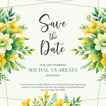 Watercolor wedding set. Set of card with leaves and golden geometric frame. Design with forest green leaves, eucalyptus, fern. Floral Trendy templates for banner, flyer, poster, greeting.