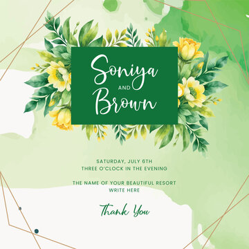 Ready to use Card. Watercolor invitation design with roses, leaves. flower and watercolor background. floral elements, botanic watercolor illustration. Template for wedding. frame
