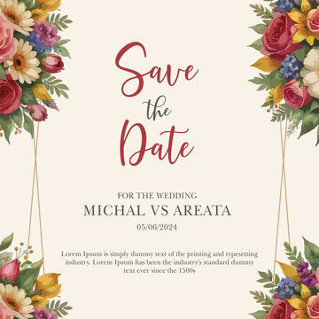 Watercolor wedding invitation template set with beautiful blue floral and leaves decoration
