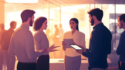Poster - A group of four business professionals discussing work in a modern office setting.