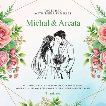 Watercolor wedding invitation template set with beautiful blue floral and leaves decoration
