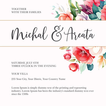 Watercolor wedding invitation template set with beautiful blue floral and leaves decoration
