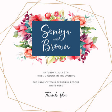 Watercolor wedding invitation template set with beautiful blue floral and leaves decoration
