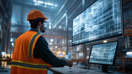 Poster - Construction Worker Reviewing Digital Building Plans on a Computer Monitor