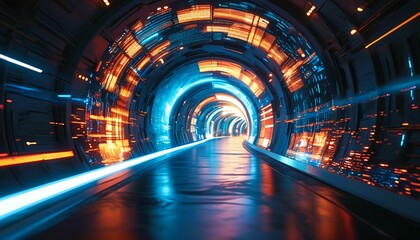 The abstract view of a futuristic subway station with a glass-walled tunnel illuminated by artificial light creates a sense of awe and wonder