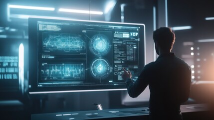 Poster - Man Interacting with a Futuristic Holographic Display