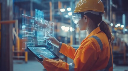 Aufkleber - Female Worker in a Factory Using a Tablet with Holographic Interface
