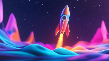Fototapete - A rocket ascends into the night sky, shooting flames as it departs from a colorful, undulating alien terrain illuminated by vivid hues