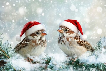 festive new year card with two little funny birds sparrows sit in the winter garden under a spruce branch in red Santa hats with generative ai