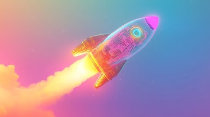 Aufkleber - A sleek rocket ignites its engines, ascending through a colorful sky filled with gradient hues