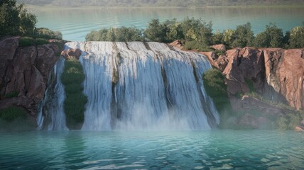 Stunning photo of a cascading waterfall flowing into a crystal-clear pool surrounded by lush greenery. Perfect for nature, travel, and relaxation themes.