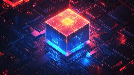 Poster - A glowing cube within a network of connected blocks.