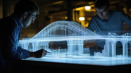 Poster - Two Men Examining a Digital Model of a Bridge on a Table