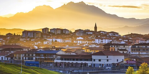 Poster - Cityscape at sunset with mountain range landscape during Autumn 