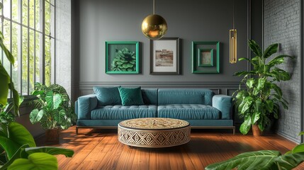 An inviting living room with pecan floors, slate gray walls, and a cerulean blue sofa A round bone inlay coffee table, emerald green frames, and philodendron plants A brass orb pendant light